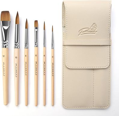 Aquarell-Pinsel Set - 6er Professionell Rotmarder Reisepinsel mit Ledertasche