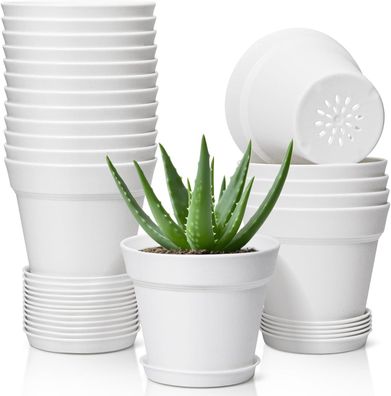T4U 12,5 cm Plastik Blumentopf mit Untersetzer, 18er-Set Blumentöpfe Innen weiß