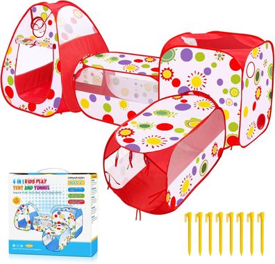 Maikehigh 4 in 1 Kinder Spielzelt mit Tunnel Pop Up Kinderzelt krabbeltunnel rot