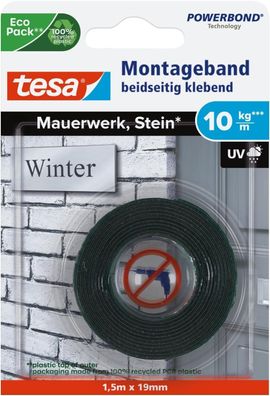 Tesa Powerbond Montageband für Ziegel & Stein, 10kg Haltekraft (1,50 m x 19 mm)