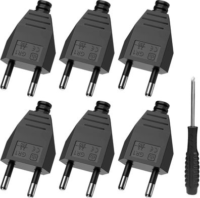 6x Eurostecker Flach, Euro Flachstecker, Stromstecker Flach (220V, 2.5A) Schwarz