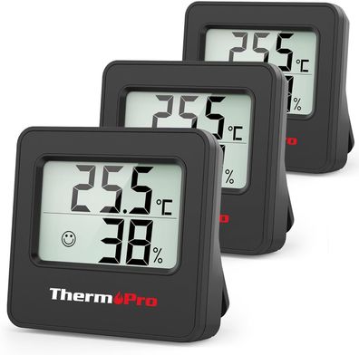 ThermoPro TP157 Mini Hygrometer Thermometer Innen 3er Set 0.5? Präzise, Schwarz