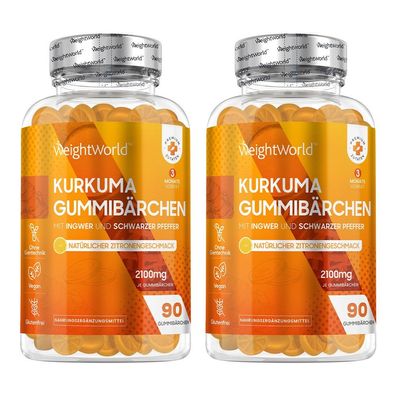 Kurkuma Extrakt Gummibärchen - 95% Curcuminoide - 90 Gummies - 2 Flaschen WeightWorld