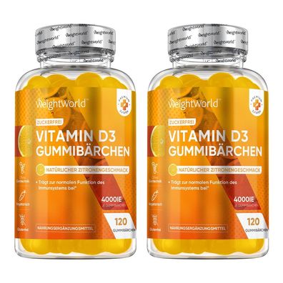 Vitamin D3 4000 IE - 2er Pack - 240 Zuckerfreie Gummibärchen für Knochen- & Immunsyst