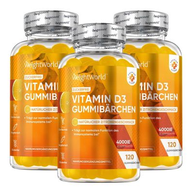 Vitamin D3 4000 IE - 3er Pack - 360 Zuckerfreie Gummibärchen für tägliches Wohlbefind