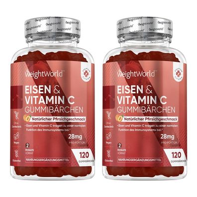 Eisen & Vitamin C Gummibärchen - 120 Iron Gummies - 2 Flaschen - WeightWorld