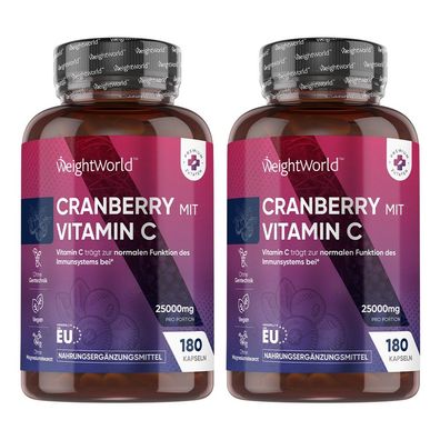 Cranberry Extrakt mit Vitamin C - 6 Monate Vorrat - 180 Cranberry Kapseln -2 Flaschen