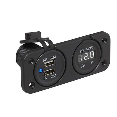 Einbau Kit: Voltmeter 6-30V + USB Doppel Steckdose 2 x 2100mA 12V/24V