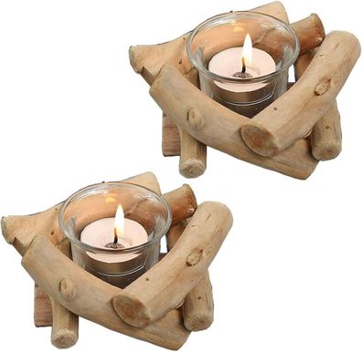 Sziqiqi Rustikale Kerzenständer Teelichthalter Holz 2er Set, Kerzenhalter, Deko