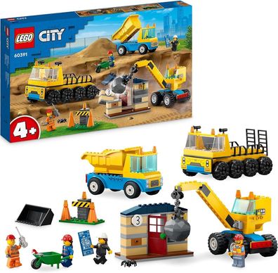 LEGO 60391 City Bau-Fahrzeuge und Kran mit Abrissbirne, Spielzeug mit Bagger