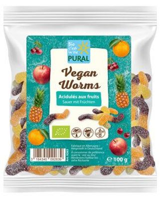 Pural 6x Vegan Worms - sauer Fruchtgummi ohne Gelatine 100g