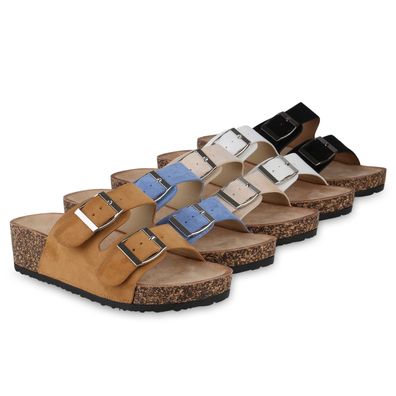 VAN HILL Damen Pantoletten Sandaletten Bequem Korkoptik Profil-Sohle Schuhe 841243