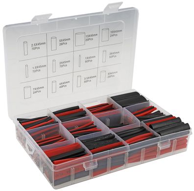 Schrumpfschlauch-Sortiment, 560-teiligin Plastikbox, Ratio 2:1, schwarz + rot