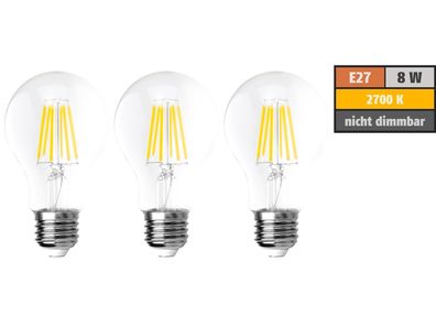 LED Filament Set McShine, 3x Glühlampe, E27, 8W, 1055lm, warmweiß, klar