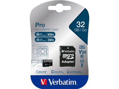 Micro SDHC Card Verbatim ''PRO'' 32GB, U3, inkl. SD-Adapter