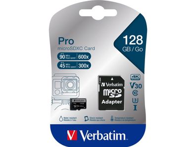 Micro SDXC Card Verbatim ''PRO'' 128GB, U3, inkl. SD-Adapter