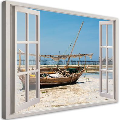 Leinwandbild, Fensterblick Tropisches Meer Boot