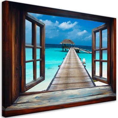 Leinwandbild, Blick aus einem Fenster, Meer, tropischer Pier