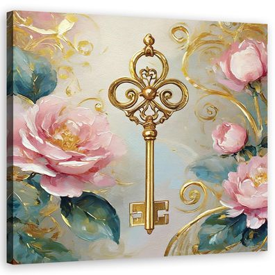 Leinwandbild, Schlüssel Gold Glamour Rosen