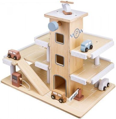 Holzgarage Kinder mit Aufzug, Tankstellen, Waschanlage, Hubschrauber und Spielautos