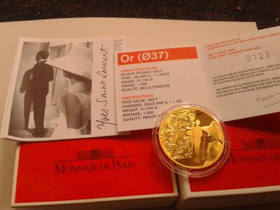 Original 500 Francs 2000 PP Frankreich Yves Saint Laurent 1 Unze Gold 999er