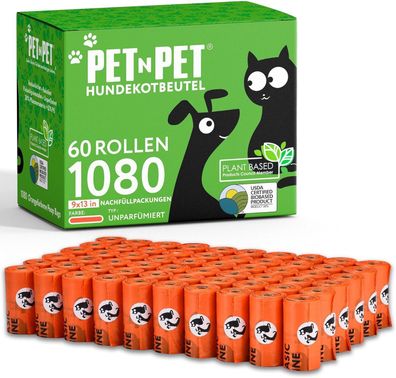 PET N PET Hundekotbeutel & Abfallbeutel USDA-zertifiziert (1080 Stk. 60 Rollen)