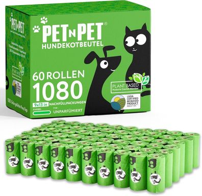 PET N PET Hundekotbeutel & Abfallbeutel, USDA-zertifiziert (1080 Stk. 60 Rollen)