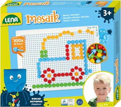 Lena 35623 - Mosaik Steckspiel Set, Steckmosaik mit 100 farbigen Stecker, Kinder