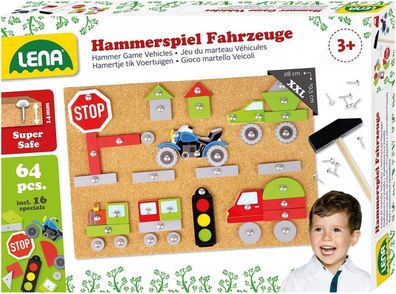 Lena 65826 - Hammerspiel Fahrzeuge, Nagelspiel 64 farbige Teile Hammer und Nägel