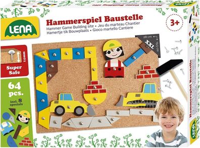 Lena 65828 Hammerspiel, Nagelspiel mit 64 bunten 8 Baustellen Teilen, Korkplatte