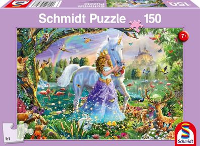 Schmidt Spiele Puzzle 56307 Prinzessin mit Einhorn und Schloß 150 Teile, Kinder