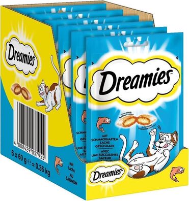 Dreamies Klassiker Katzensnacks mit Lachs, Traumhaft knusprige Taschen (6 x 60g)