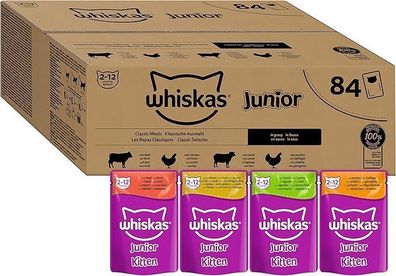 Whiskas Junior Katzen-Nassfutter Klassische Auswahl Sauce, 84 Portionsbeutel 85g