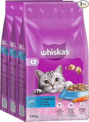 Whiskas Adult 1+ Katzen-Trockenfutter mit Thunfisch, 3 Beutel, 3 x 3,8kg, Katze