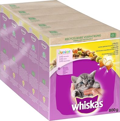 Whiskas Junior Trockenfutter Huhn, 5x800g (5 Packungen) - (2-12 Monate) Katze