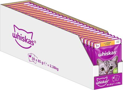 Whiskas 1+ Katzenfutter Hühnchen in Gelee, 28x85g (1 Packung) – Nassfutter