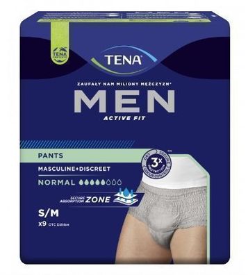 Tena Herren Active Fit Pants Normal Grau S/M - Einweg-Herrenunterwäsche, 9 Stéck