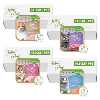 68 x 100 g Lecker. Pet® Balu's, Emily's, Leo's & Mia's Feine Paté Katzenf