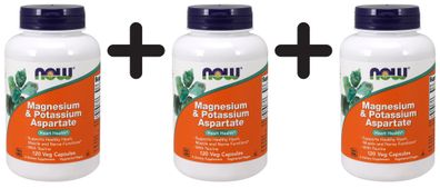 3 x NOW Foods Magnesium & Potassium Aspartate with Taurine - 120 vcaps