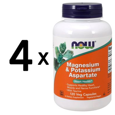 4 x NOW Foods Magnesium & Potassium Aspartate with Taurine - 120 vcaps