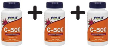 3 x NOW Foods Vitamin C-500 with Rose Hips - 100 tablets