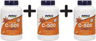 3 x NOW Foods Vitamin C-500, Chewable Orange - 100 tabs