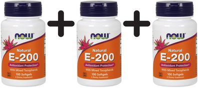3 x NOW Foods Vitamin E-200, Natural (Mixed Tocopherols) - 100 softgels