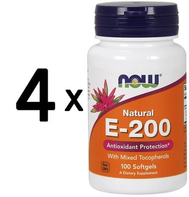 4 x NOW Foods Vitamin E-200, Natural (Mixed Tocopherols) - 100 softgels