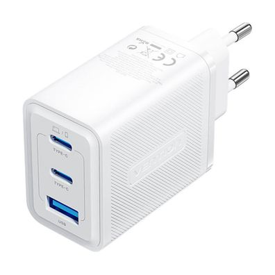 GaN Ladegerät mit 3 Anschlüssen 2x USB-C, 1x USB-A 65W Schnellladegerät in Weiß