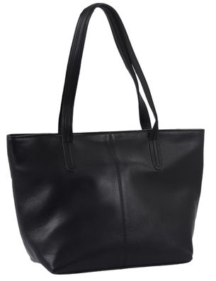schwarze Ledershopper mit breitem Boden, Metallreißverschluss, Büffelleder