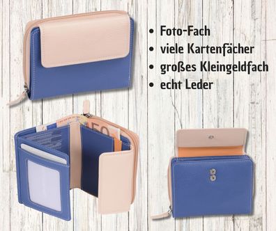 blau-beige Damenreißverschlussbörse, Leder