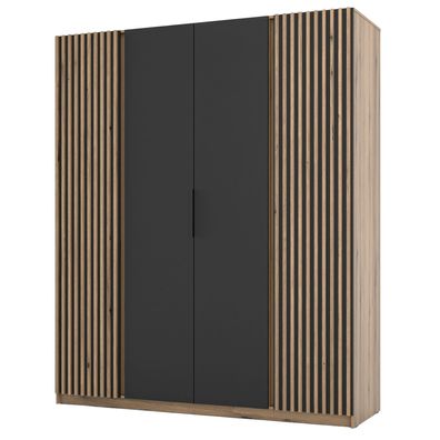 Selsey Kaja - Kleiderschrank 4-türig mit seitlichen Lamellen, 200 cm, schwarz/Eiche