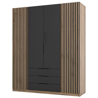 Selsey Kaja - Kleiderschrank 4-türig mit Lamellen & 3 Schubladen, 200 cm, schwarz/Eic