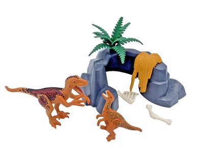 Playmobil Dinosaurier Velociraptor mit Jungtier Baby Raptor im Unterschlupf